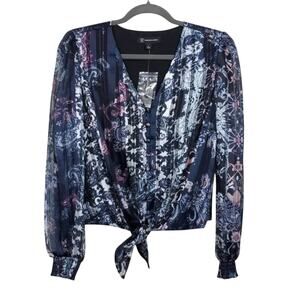 INC International Concepts Tie Front Puff Sleeve Blouse Women S Metallic Paisley
